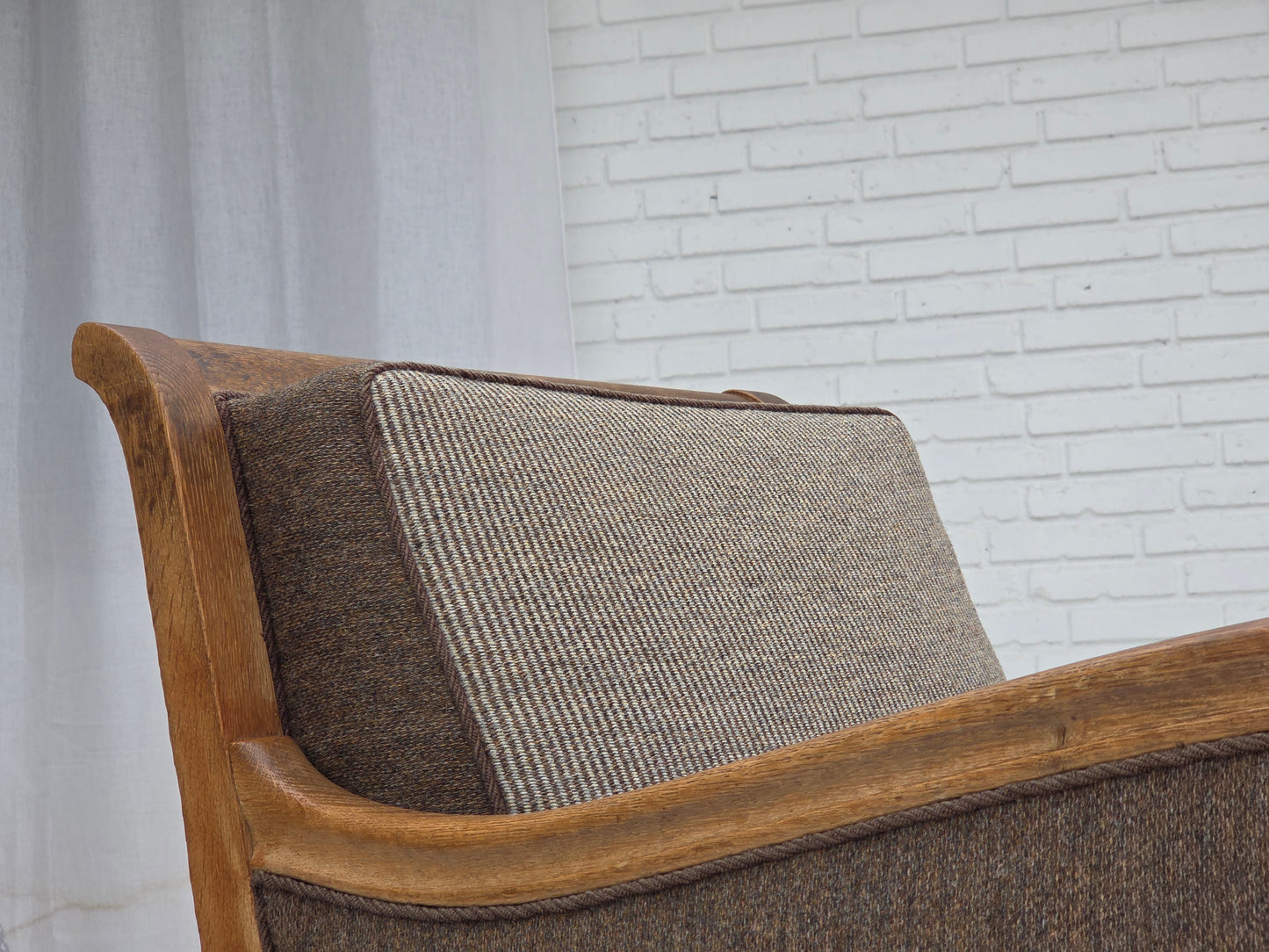 1950s, Danish armchair, furniture wool, solid carved oak wood.