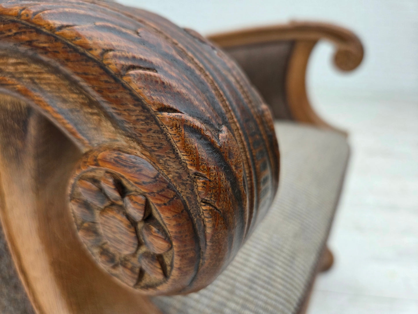 1950s, Danish armchair, furniture wool, solid carved oak wood.