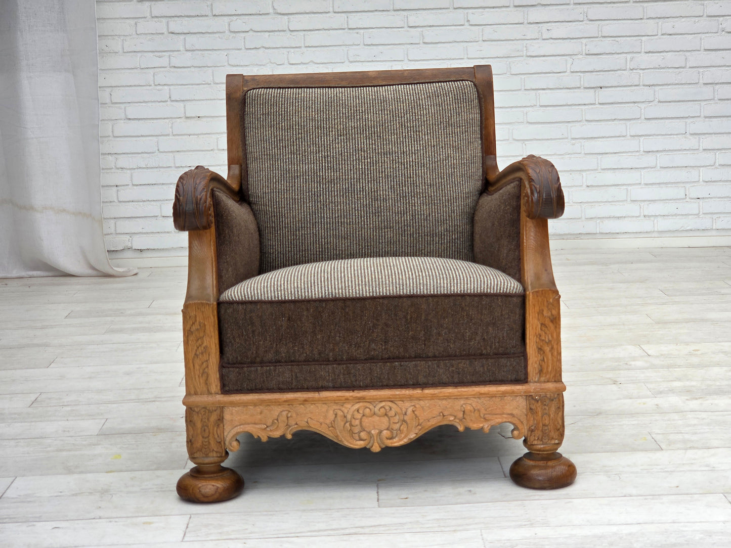 1950s, Danish armchair, furniture wool, solid carved oak wood.