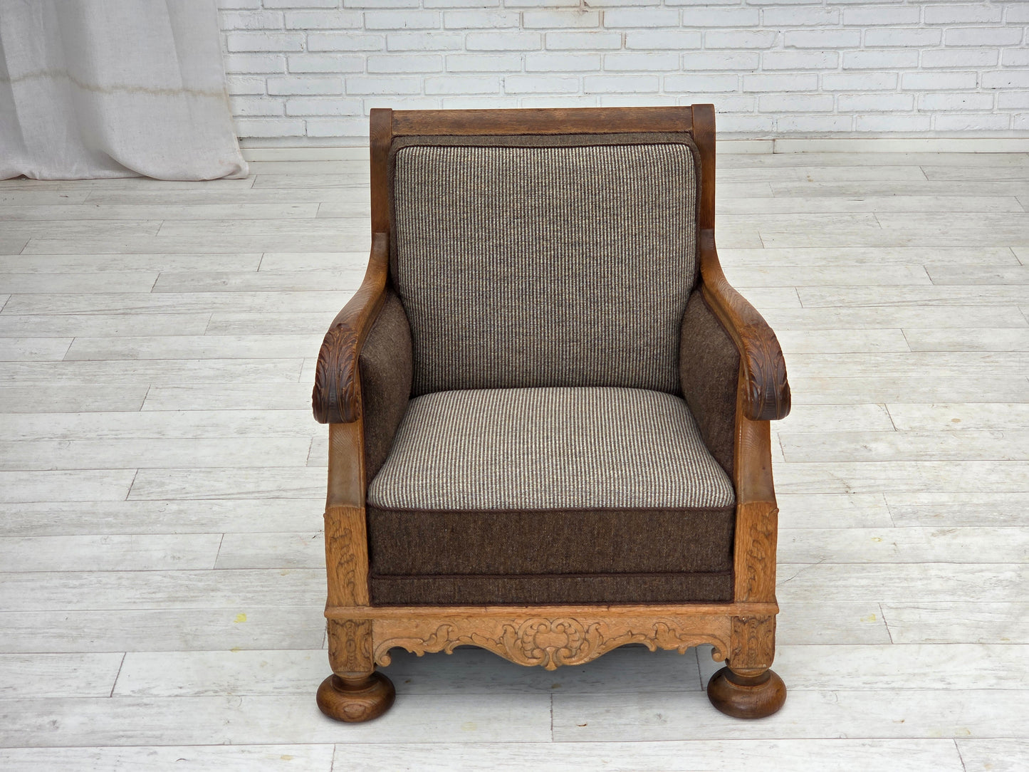 1950s, Danish armchair, furniture wool, solid carved oak wood.