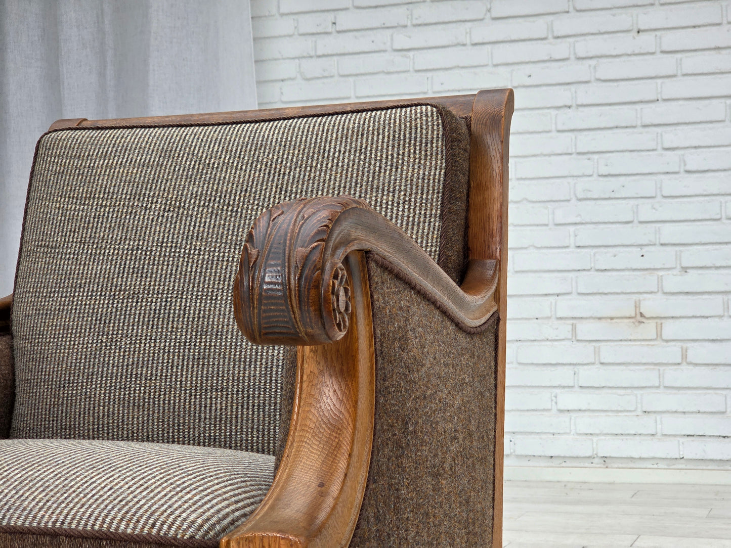 1950s, Danish armchair, furniture wool, solid carved oak wood.