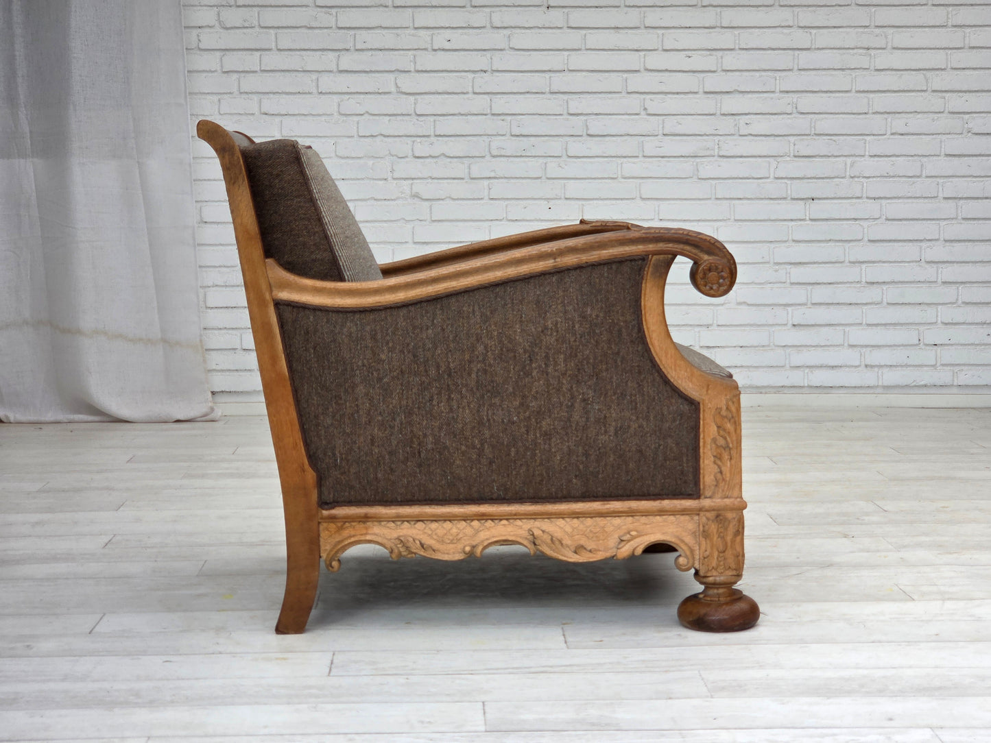 1950s, Danish armchair, furniture wool, solid carved oak wood.
