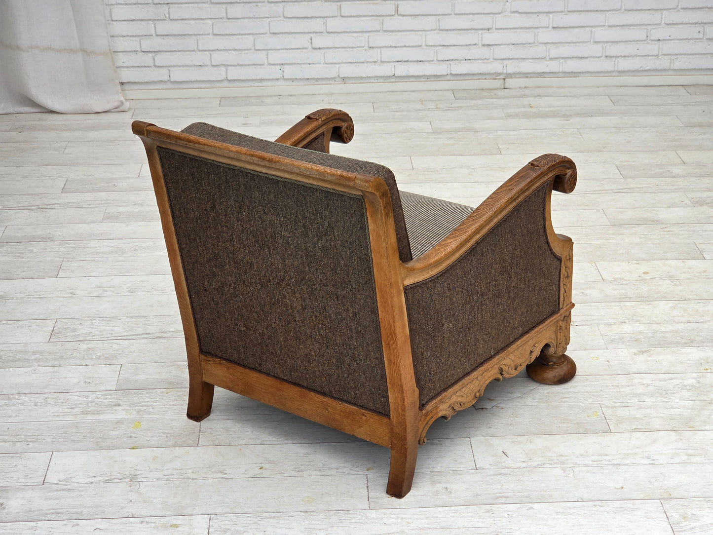 1950s, Danish armchair, furniture wool, solid carved oak wood.