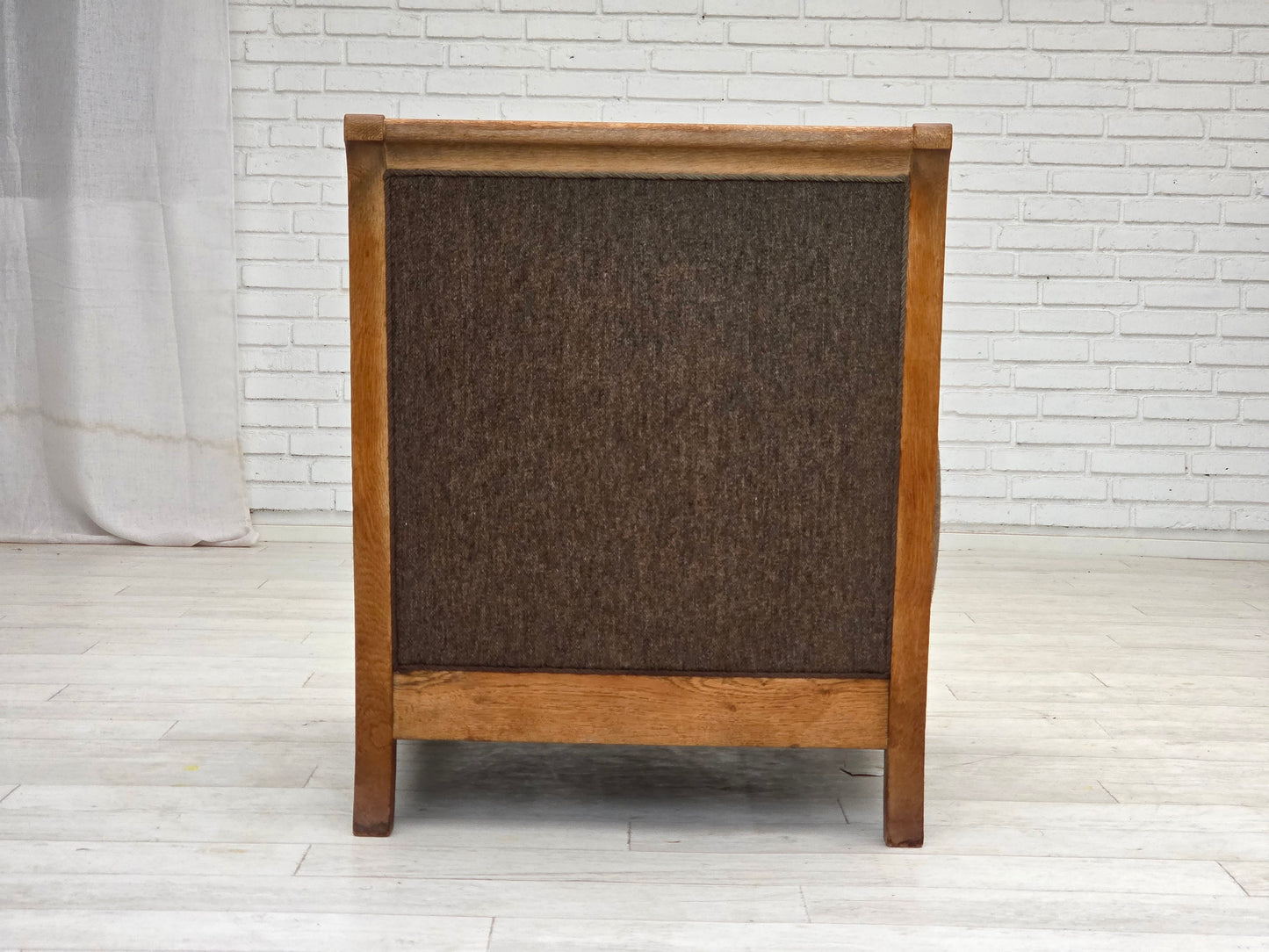 1950s, Danish armchair, furniture wool, solid carved oak wood.