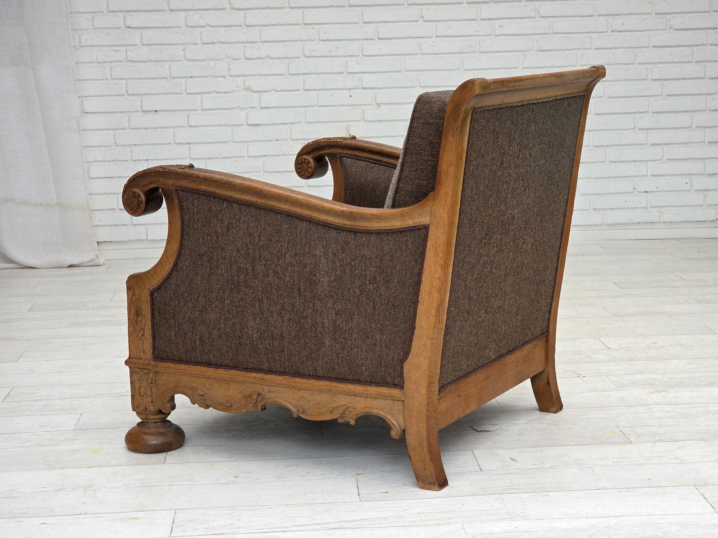 1950s, Danish armchair, furniture wool, solid carved oak wood.