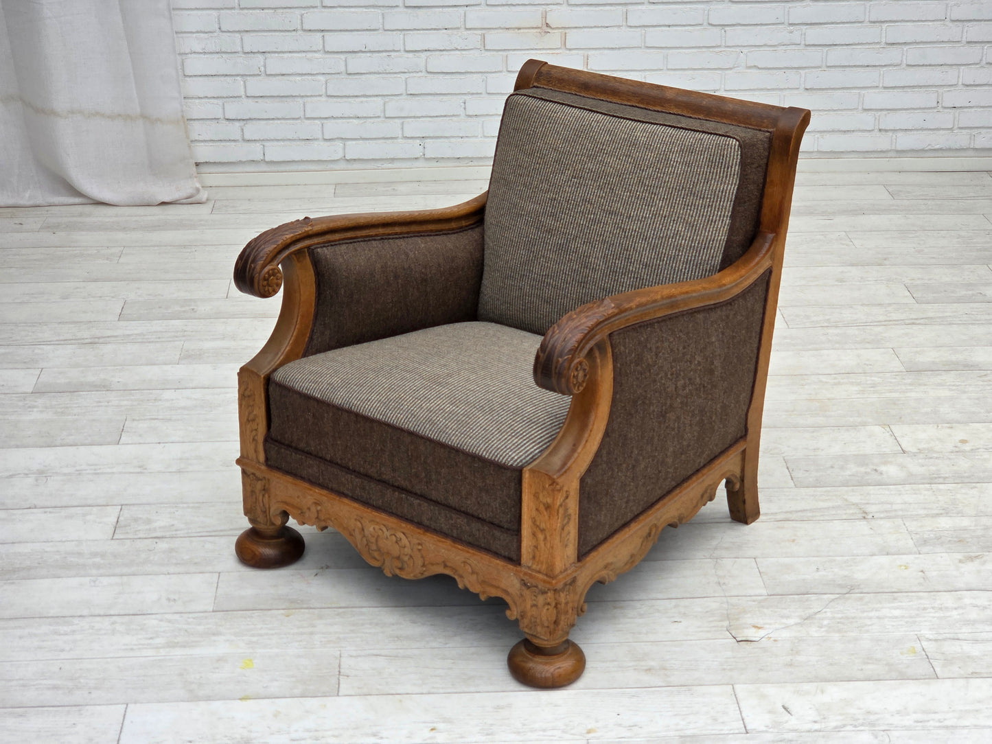 1950s, Danish armchair, furniture wool, solid carved oak wood.