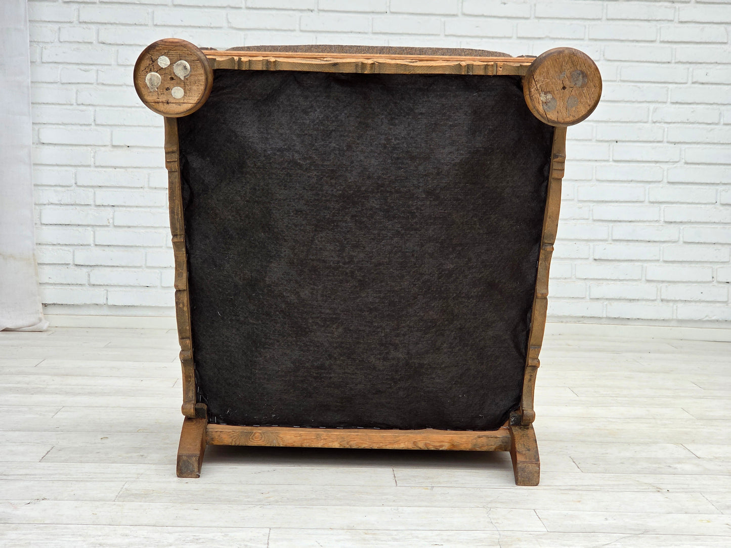 1950s, Danish armchair, furniture wool, solid carved oak wood.