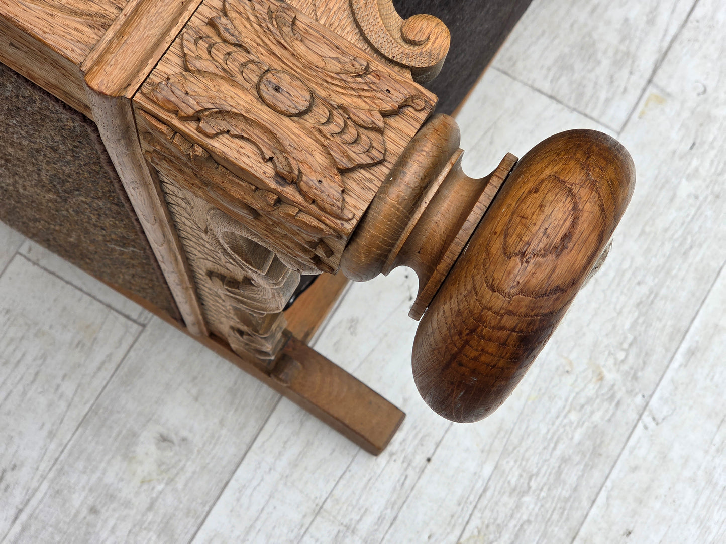 1950s, Danish armchair, furniture wool, solid carved oak wood.