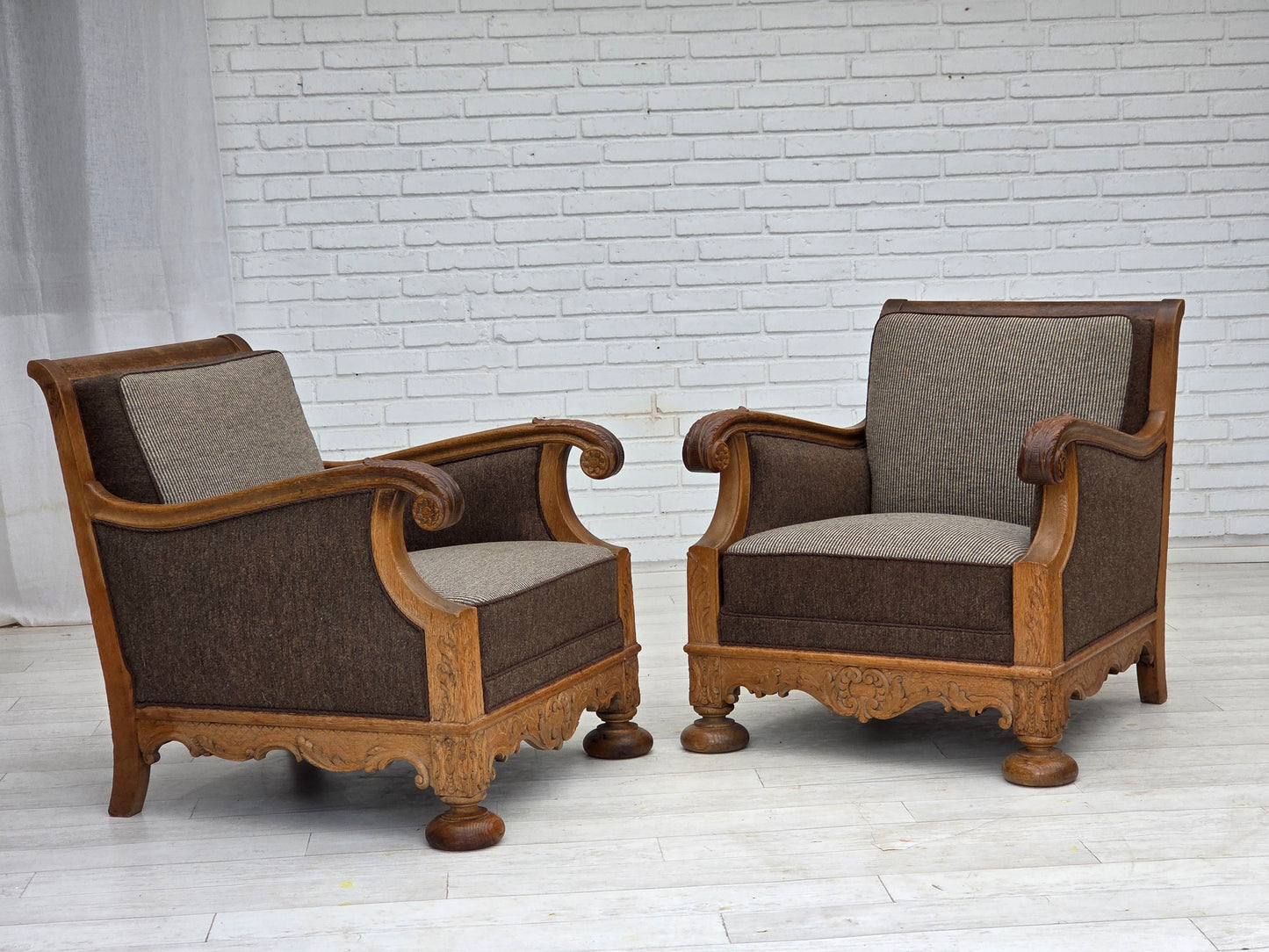 1950s, Danish armchair, furniture wool, solid carved oak wood.