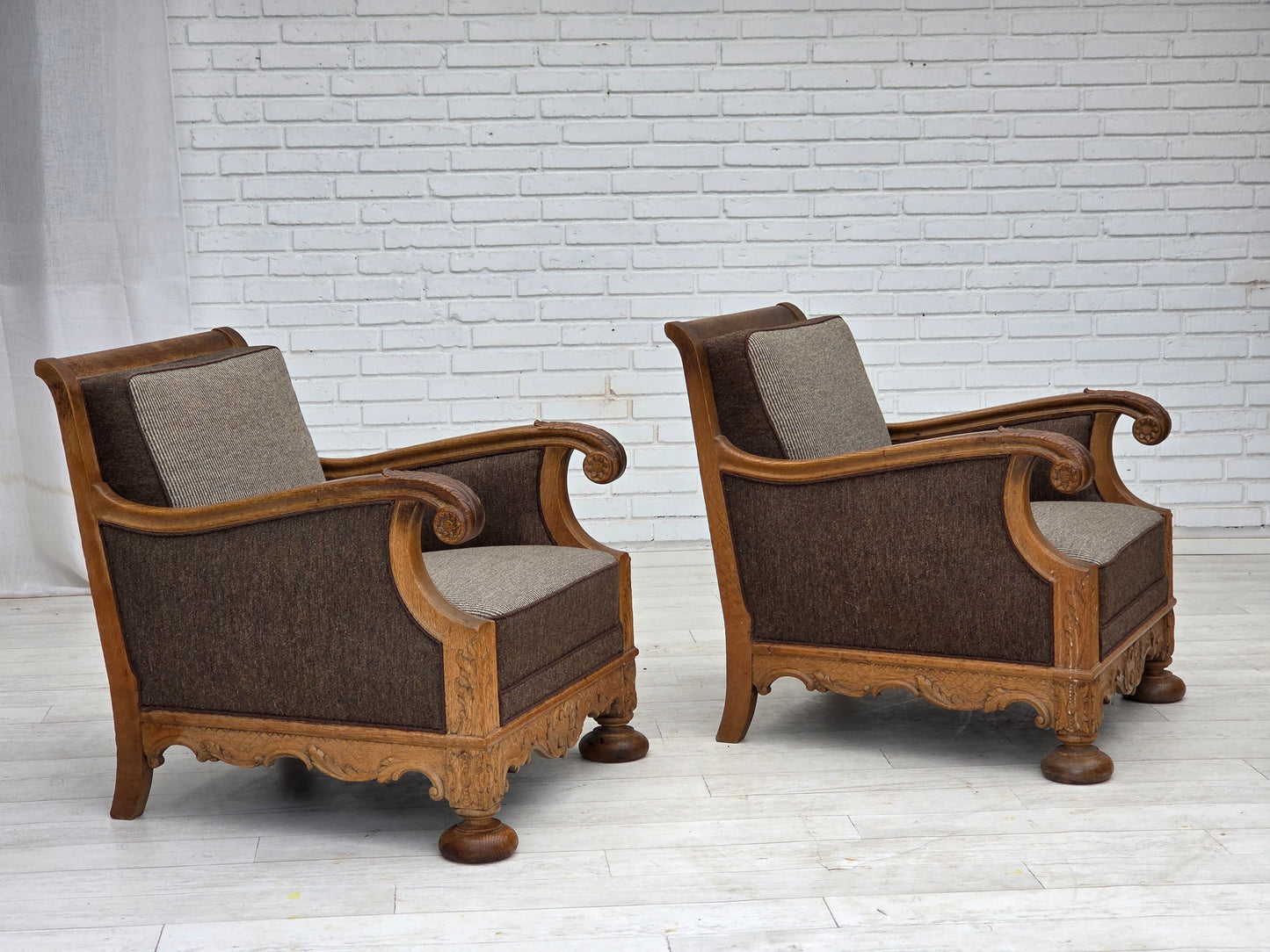 1950s, Danish armchair, furniture wool, solid carved oak wood.