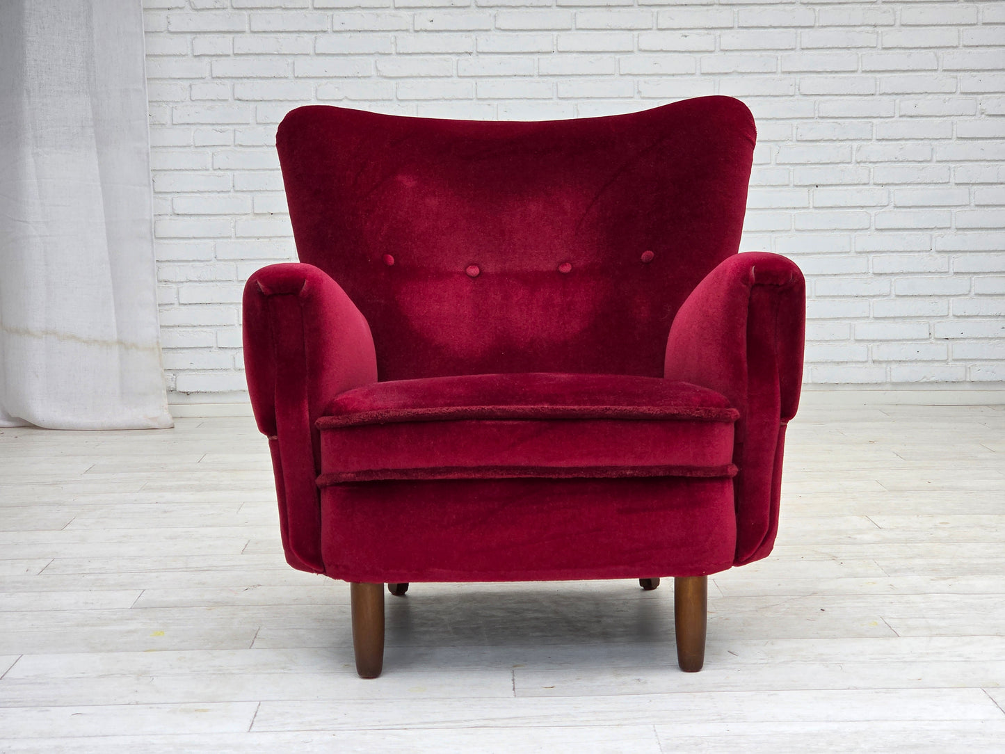 1960s, Danish armchair, cherry-red furniture velour, beech wood legs.