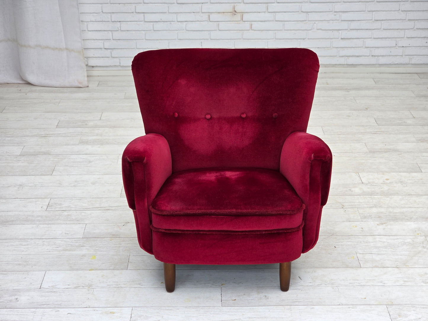1960s, Danish armchair, cherry-red furniture velour, beech wood legs.
