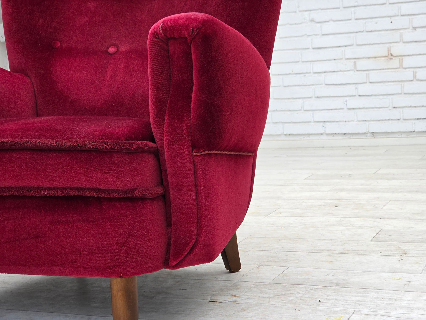 1960s, Danish armchair, cherry-red furniture velour, beech wood legs.