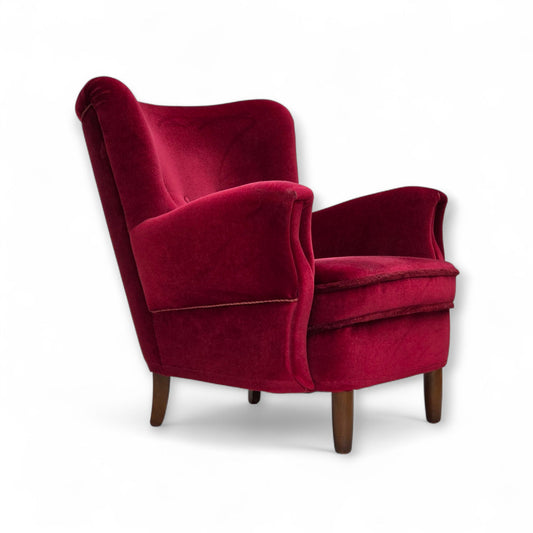 1960s, Danish armchair, cherry-red furniture velour, beech wood legs.