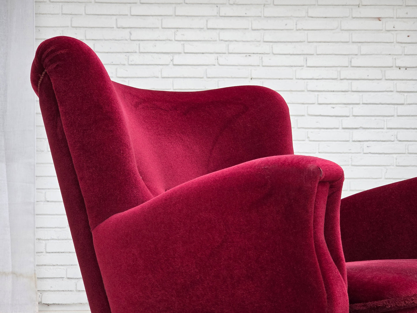 1960s, Danish armchair, cherry-red furniture velour, beech wood legs.