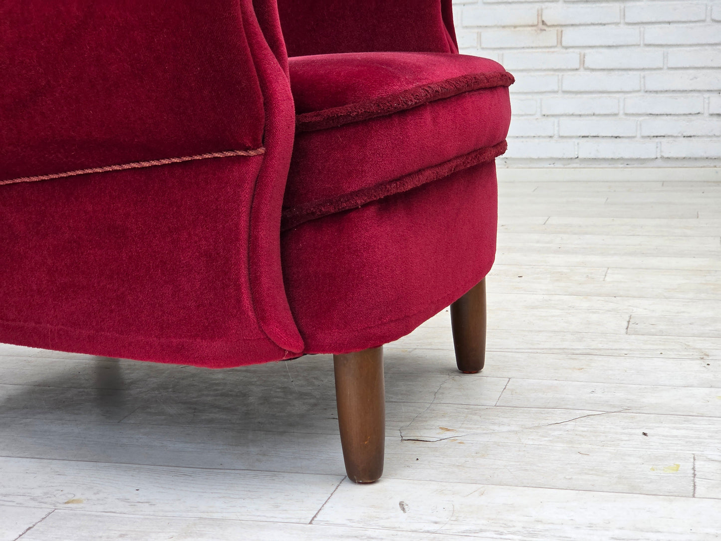 1960s, Danish armchair, cherry-red furniture velour, beech wood legs.