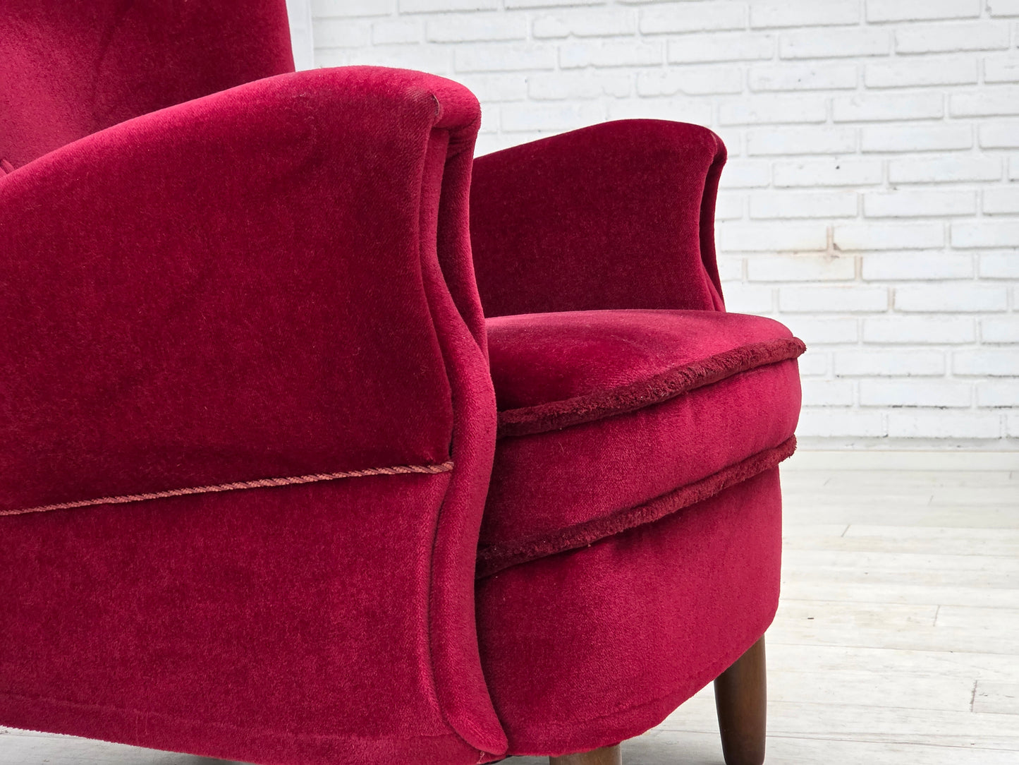 1960s, Danish armchair, cherry-red furniture velour, beech wood legs.