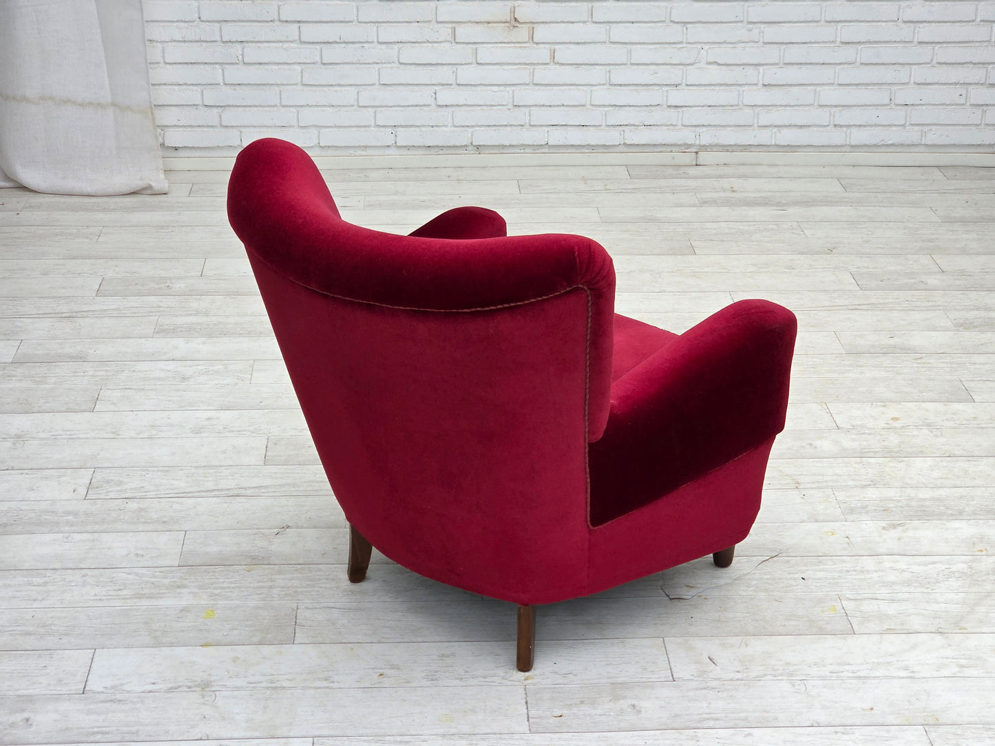 1960s, Danish armchair, cherry-red furniture velour, beech wood legs.