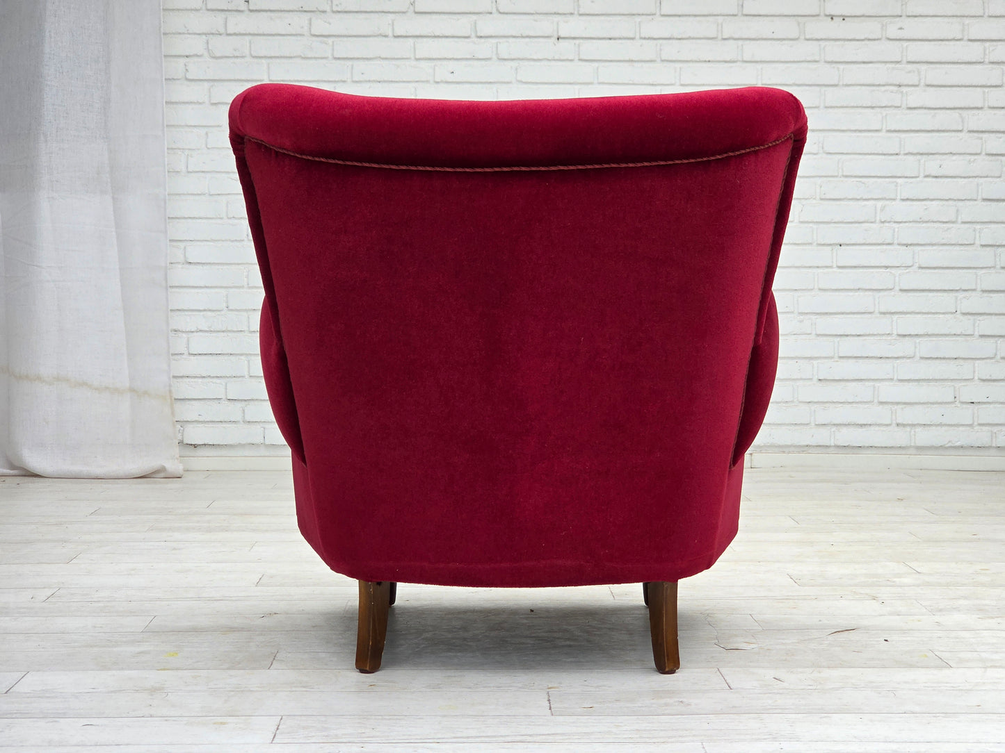1960s, Danish armchair, cherry-red furniture velour, beech wood legs.
