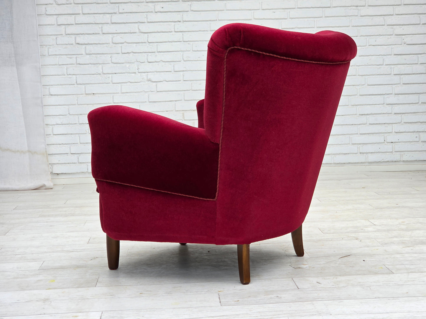 1960s, Danish armchair, cherry-red furniture velour, beech wood legs.