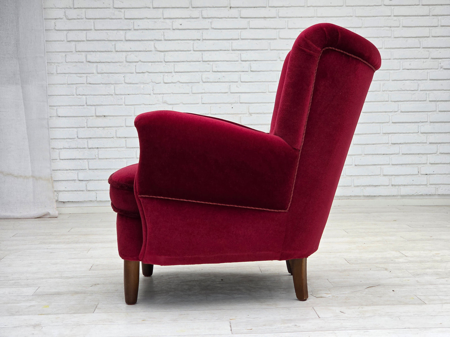 1960s, Danish armchair, cherry-red furniture velour, beech wood legs.