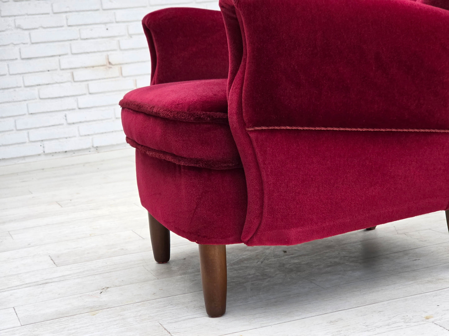 1960s, Danish armchair, cherry-red furniture velour, beech wood legs.