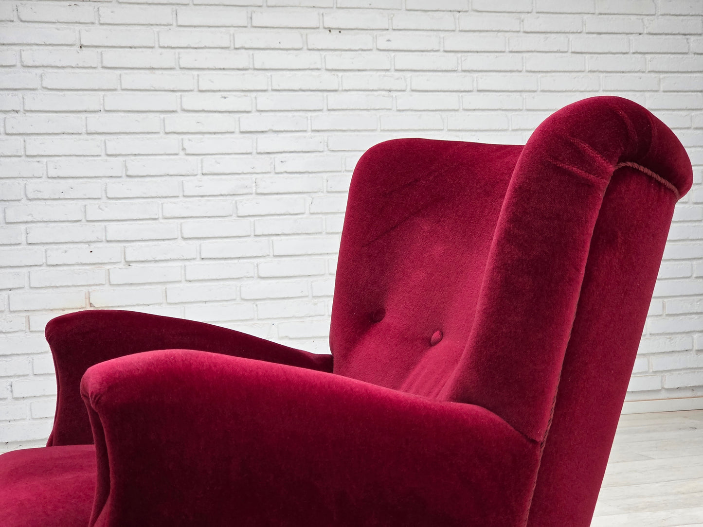 1960s, Danish armchair, cherry-red furniture velour, beech wood legs.