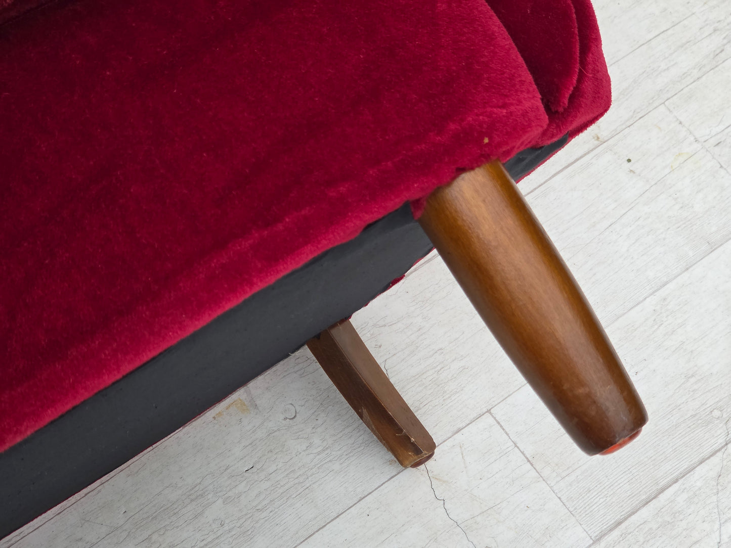 1960s, Danish armchair, cherry-red furniture velour, beech wood legs.