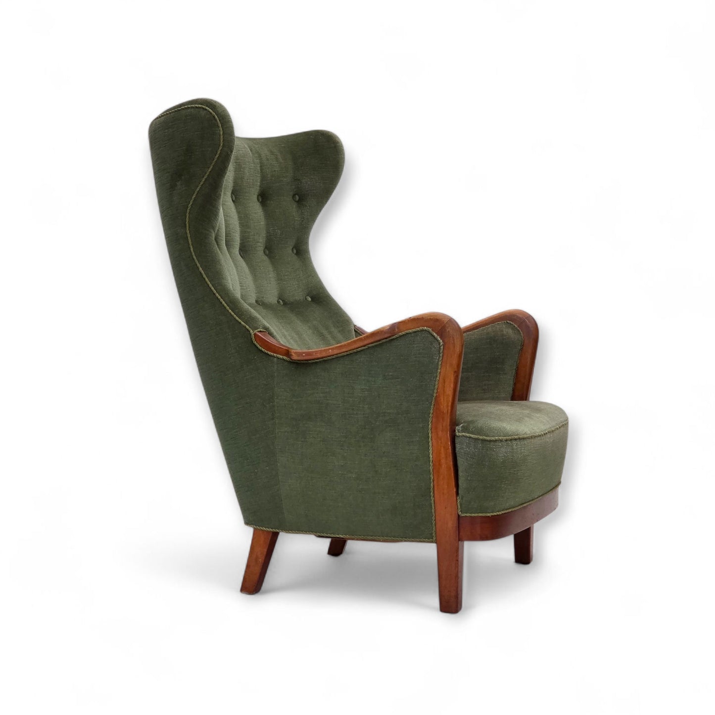 1960s, Danish highback armchair, green furniture velour, teak wood.