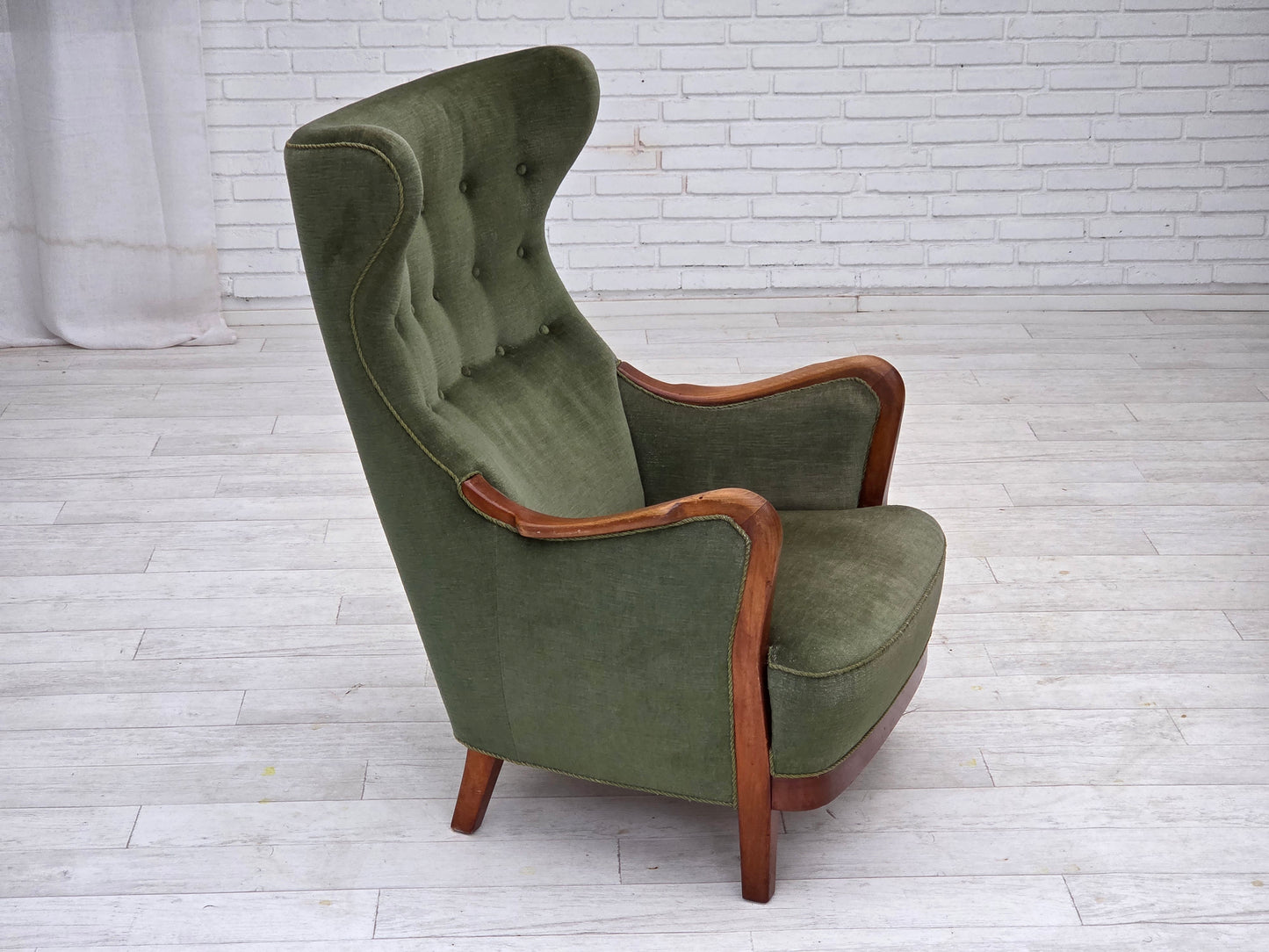 1960s, Danish highback armchair, green furniture velour, teak wood.