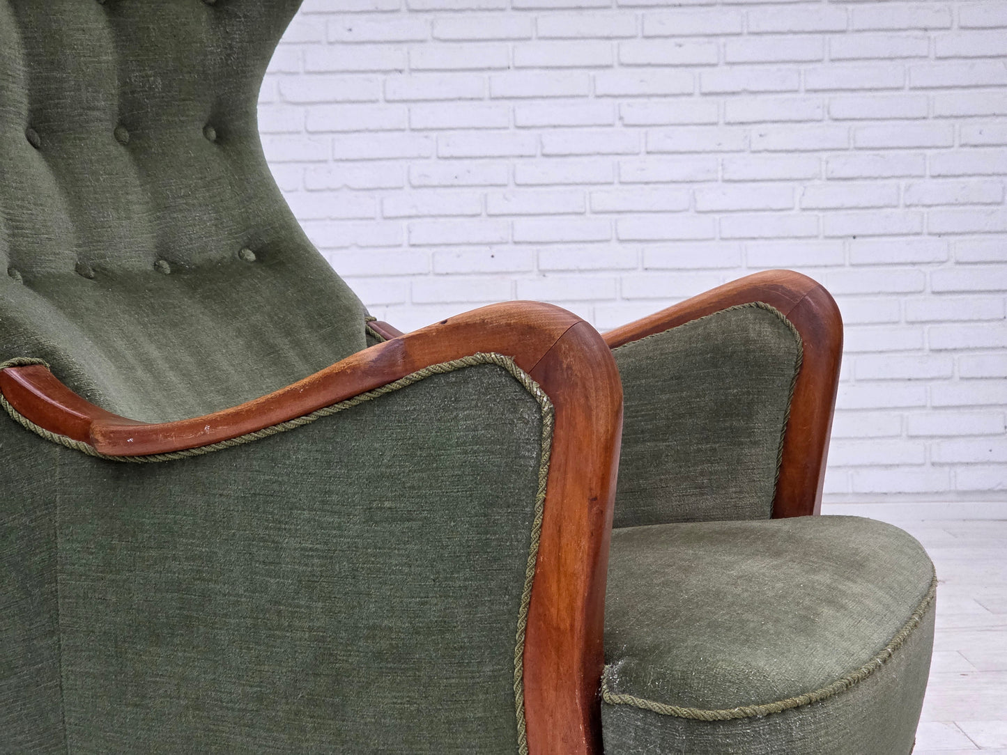 1960s, Danish highback armchair, green furniture velour, teak wood.