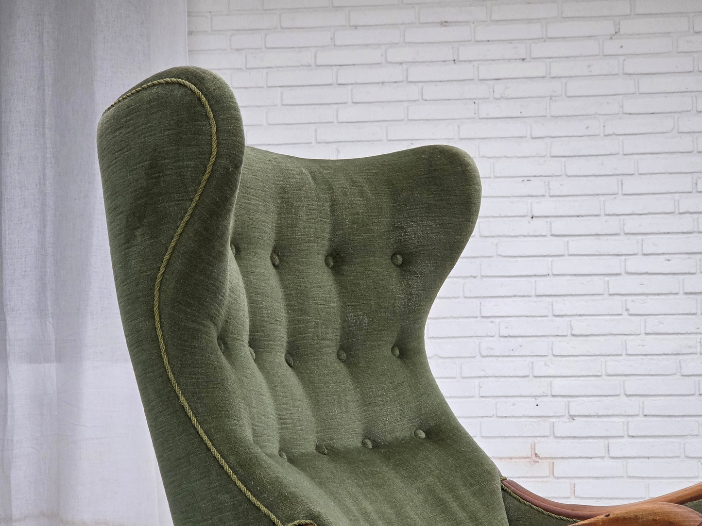 1960s, Danish highback armchair, green furniture velour, teak wood.