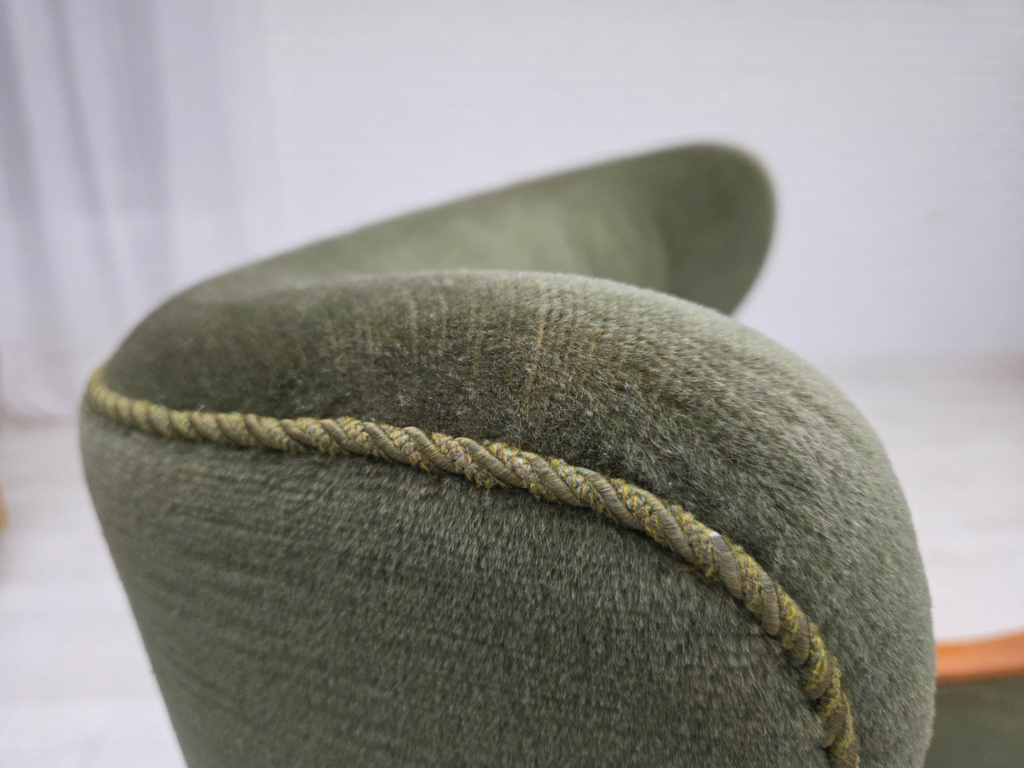 1960s, Danish highback armchair, green furniture velour, teak wood.