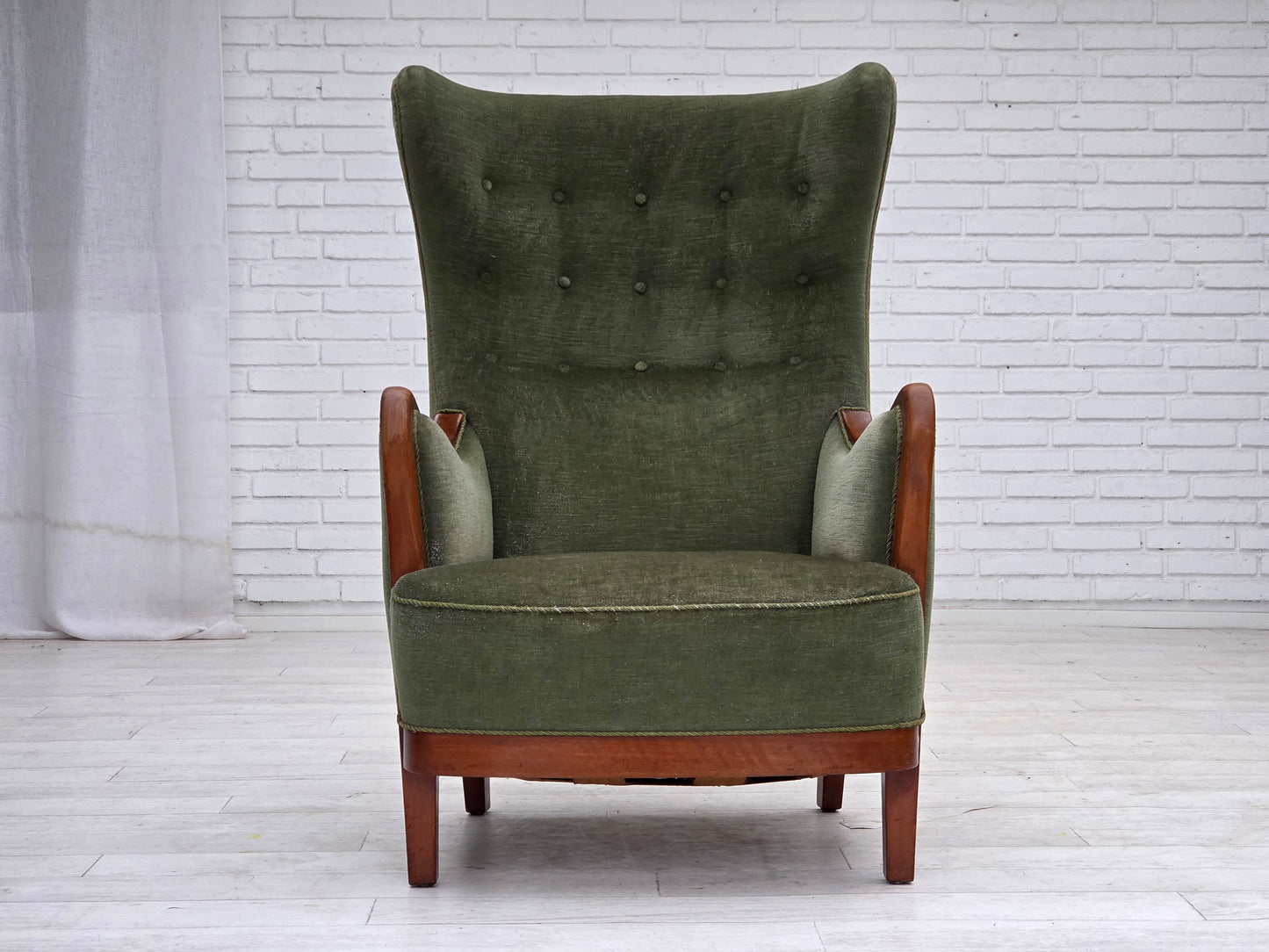 1960s, Danish highback armchair, green furniture velour, teak wood.