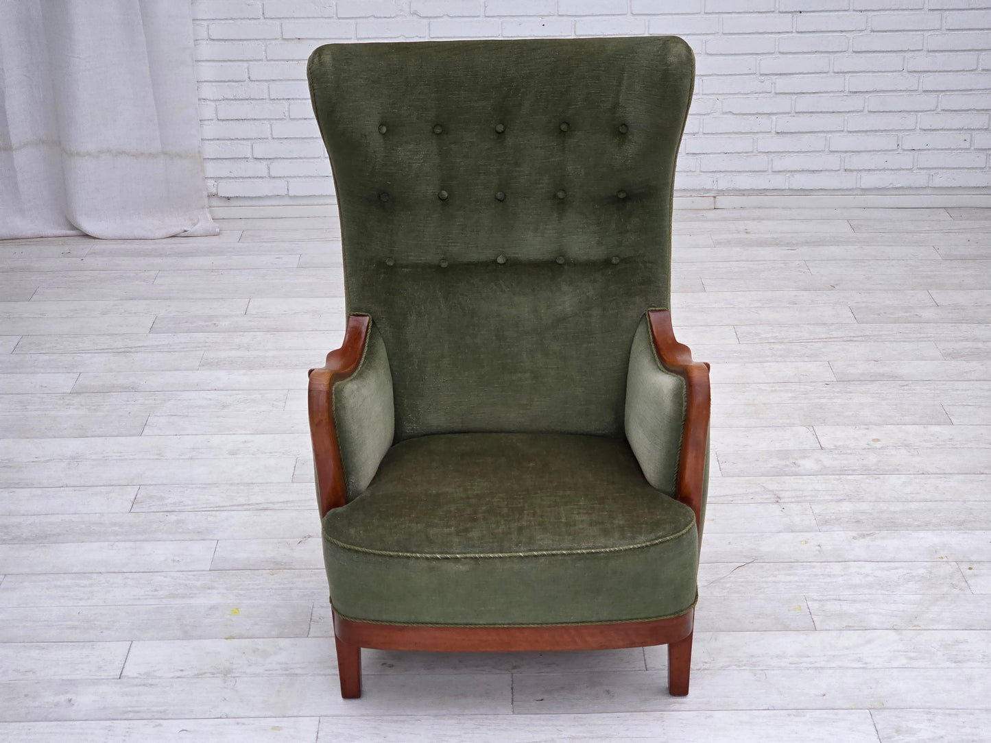 1960s, Danish highback armchair, green furniture velour, teak wood.