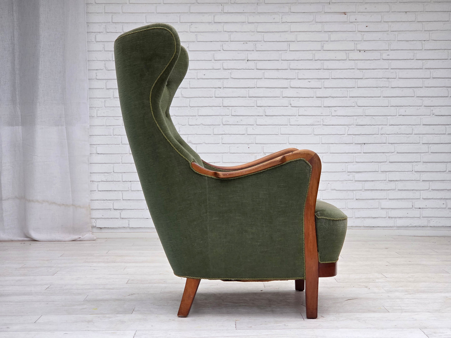 1960s, Danish highback armchair, green furniture velour, teak wood.