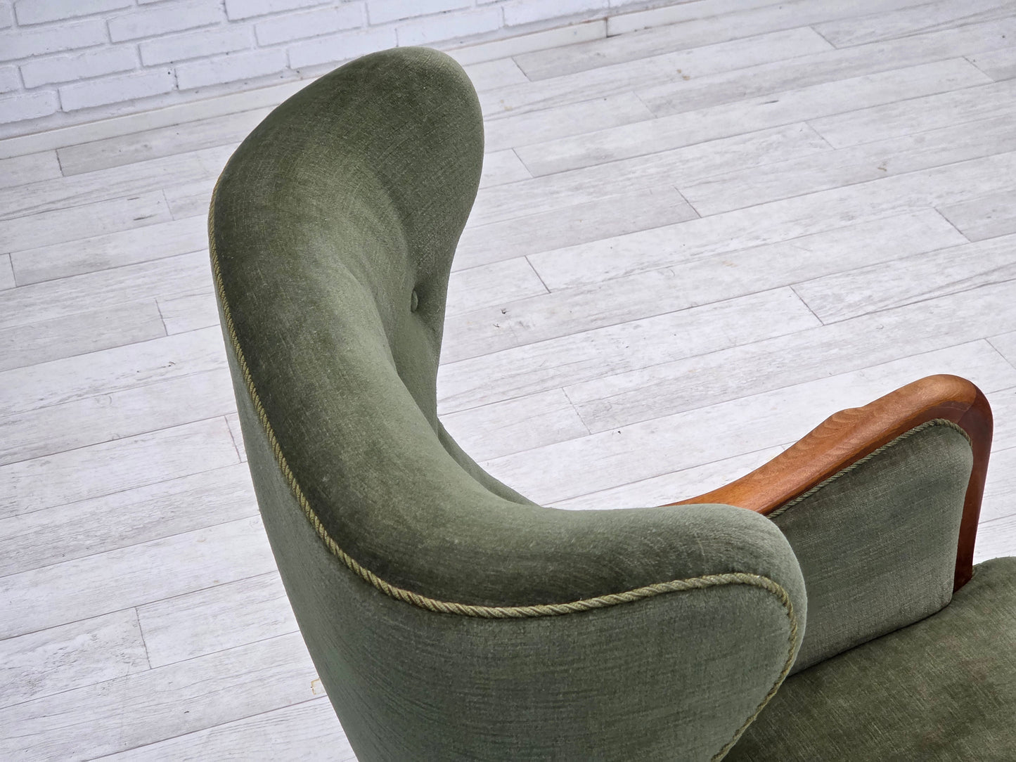 1960s, Danish highback armchair, green furniture velour, teak wood.