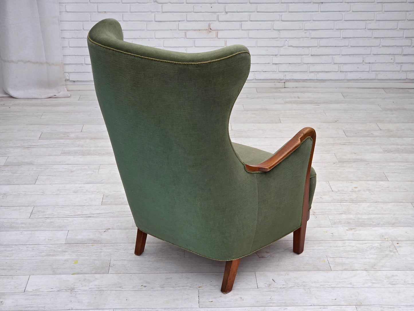 1960s, Danish highback armchair, green furniture velour, teak wood.
