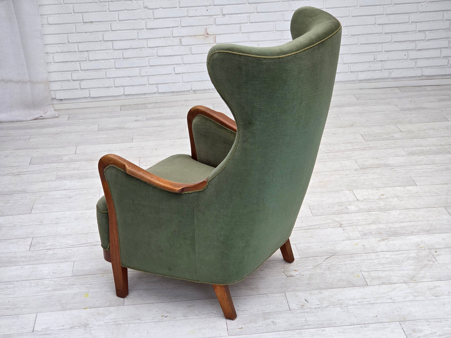 1960s, Danish highback armchair, green furniture velour, teak wood.
