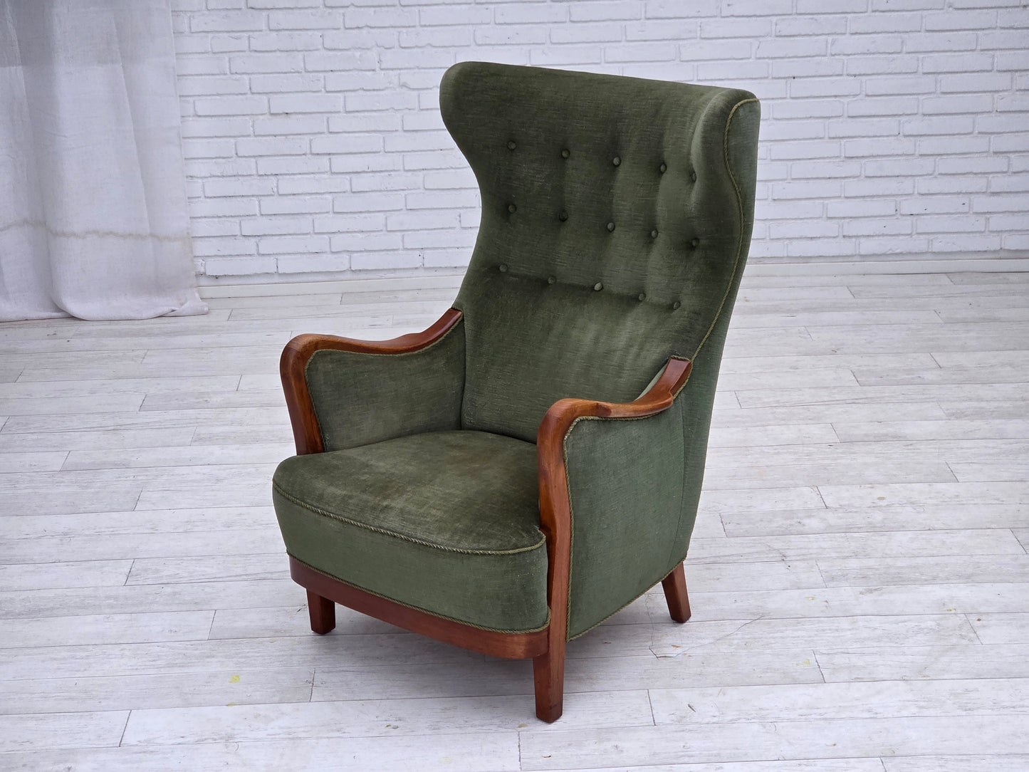 1960s, Danish highback armchair, green furniture velour, teak wood.
