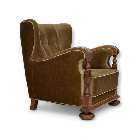1960s, Danish armchair, green furniture velour, solid carved oak wood.