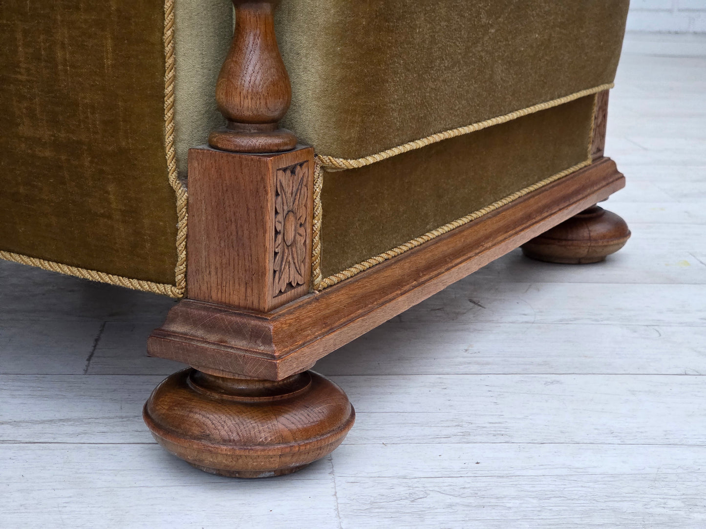 1960s, Danish armchair, green furniture velour, solid carved oak wood.