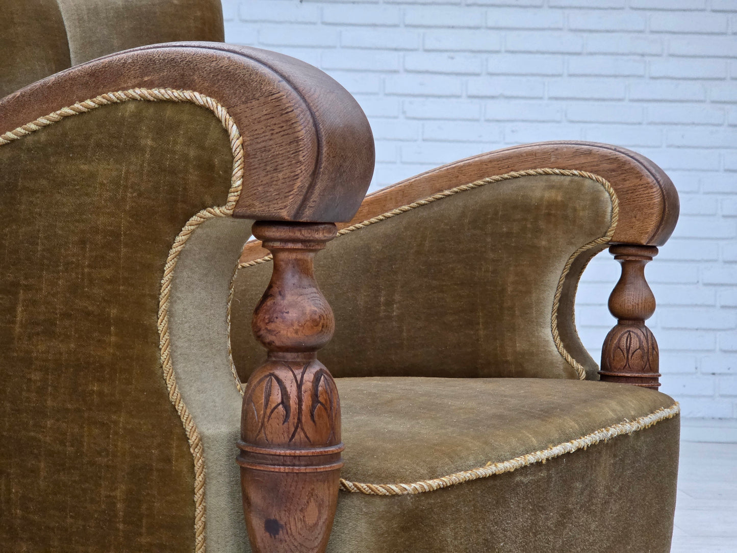 1960s, Danish armchair, green furniture velour, solid carved oak wood.