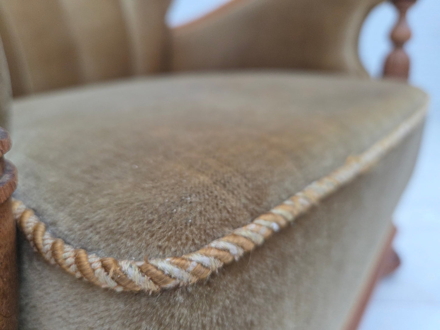 1960s, Danish armchair, green furniture velour, solid carved oak wood.