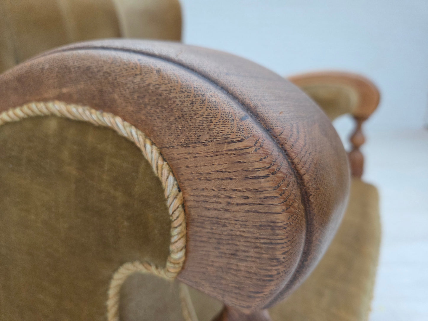 1960s, Danish armchair, green furniture velour, solid carved oak wood.