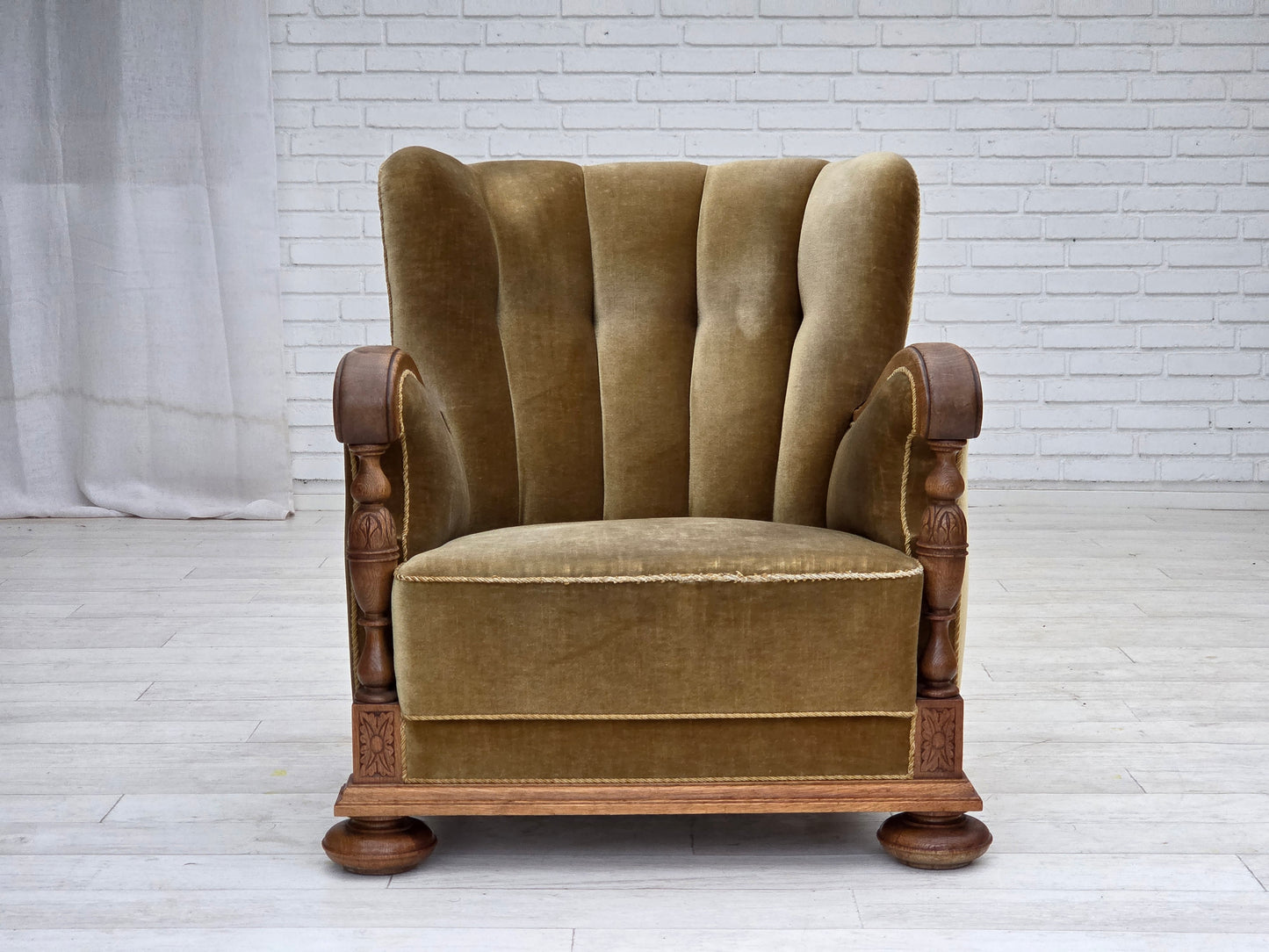 1960s, Danish armchair, green furniture velour, solid carved oak wood.
