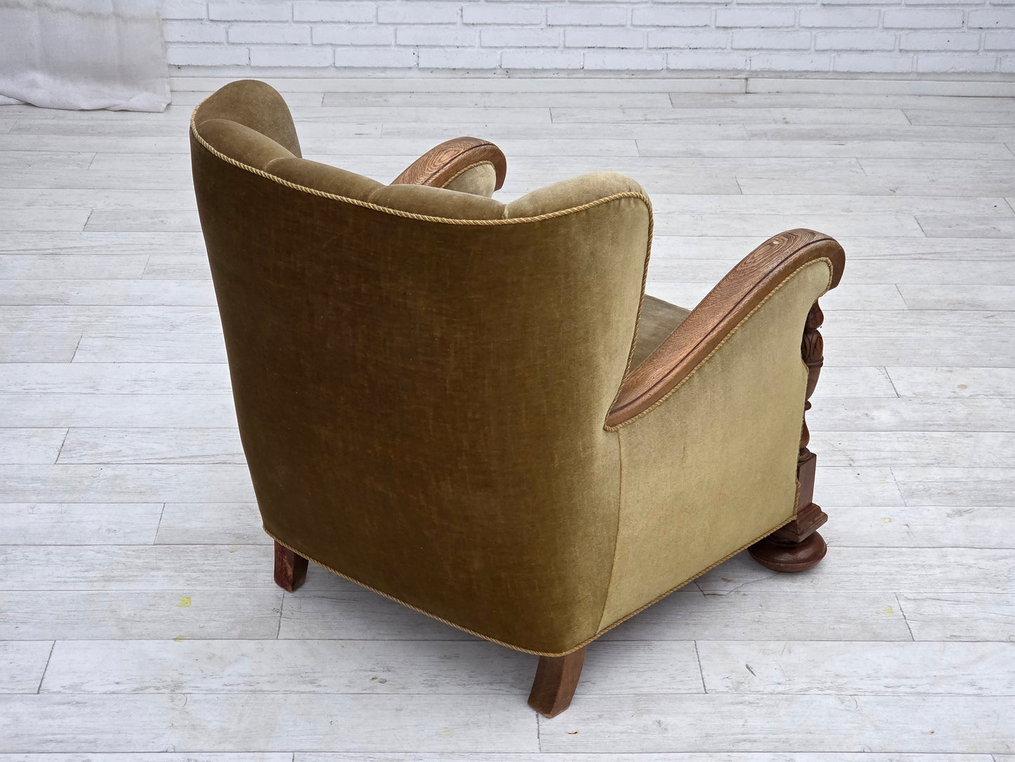 1960s, Danish armchair, green furniture velour, solid carved oak wood.