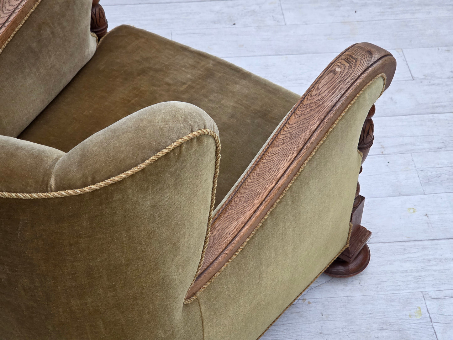 1960s, Danish armchair, green furniture velour, solid carved oak wood.