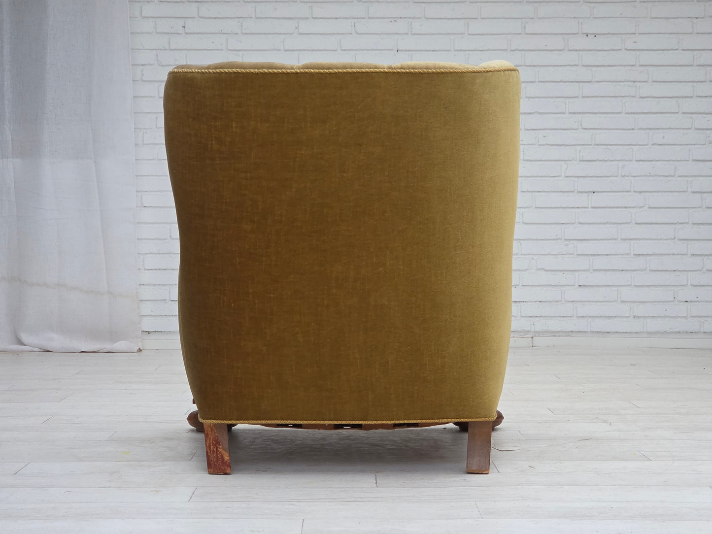 1960s, Danish armchair, green furniture velour, solid carved oak wood.