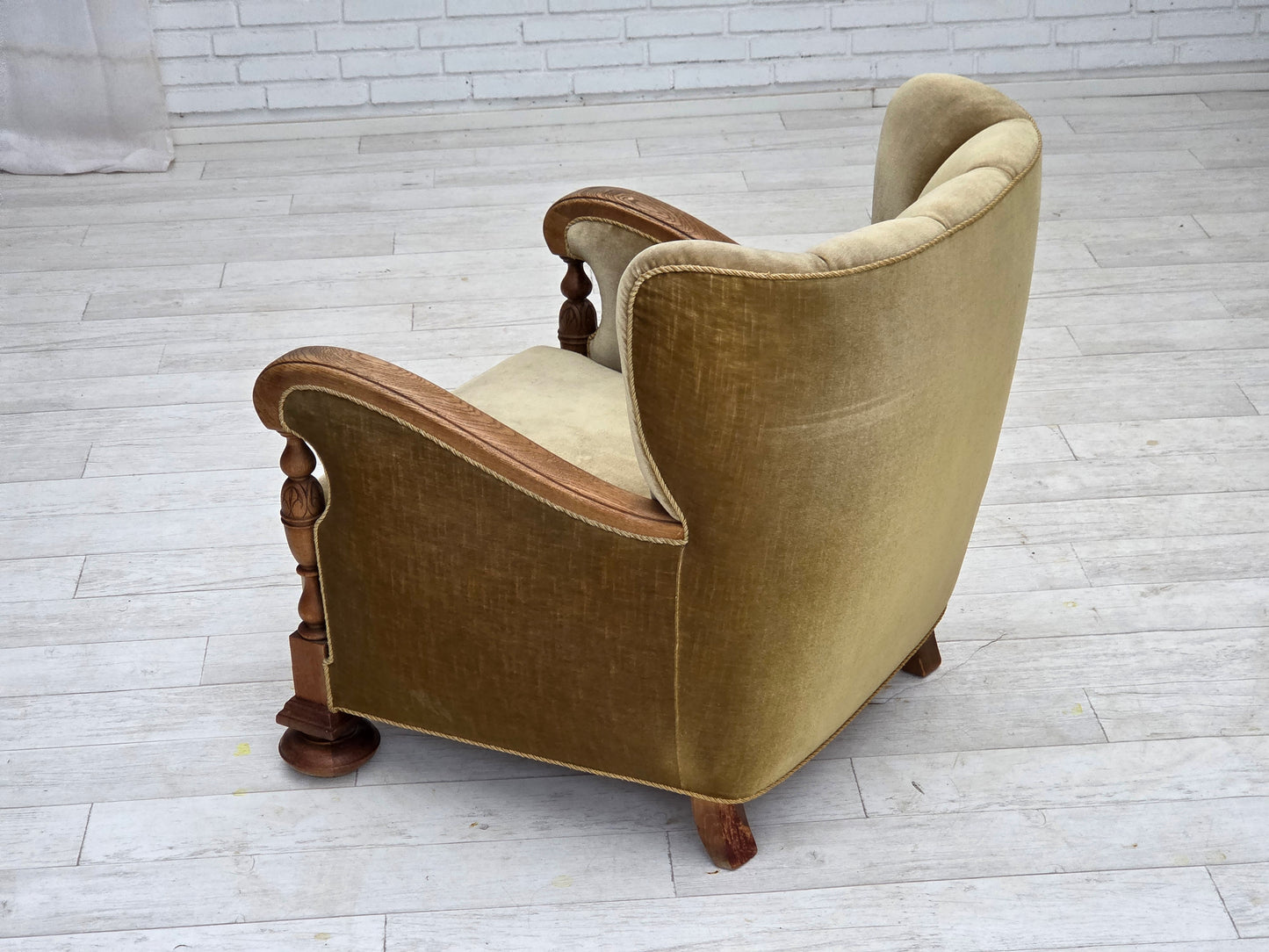 1960s, Danish armchair, green furniture velour, solid carved oak wood.